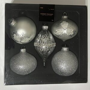 Robert Stanley SILVER Bauble Christmas Ornaments Glass Large Set of 5 NEW